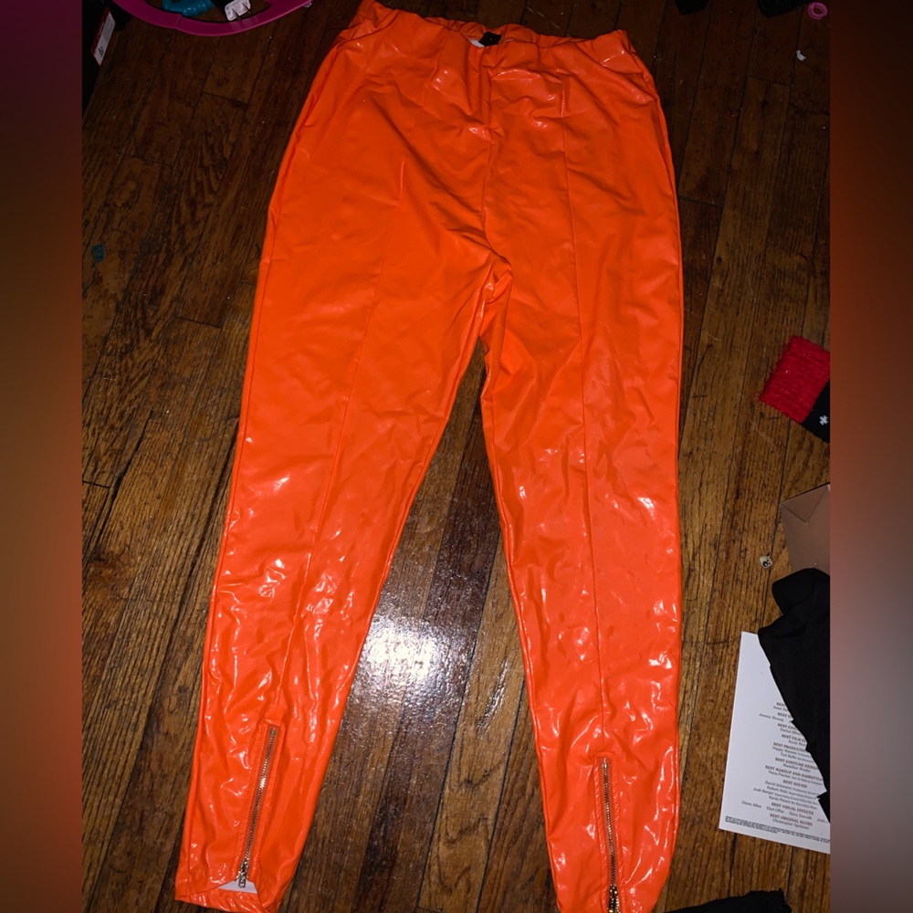 High Waist Neon Orange Zipper Leather Skinny Pants